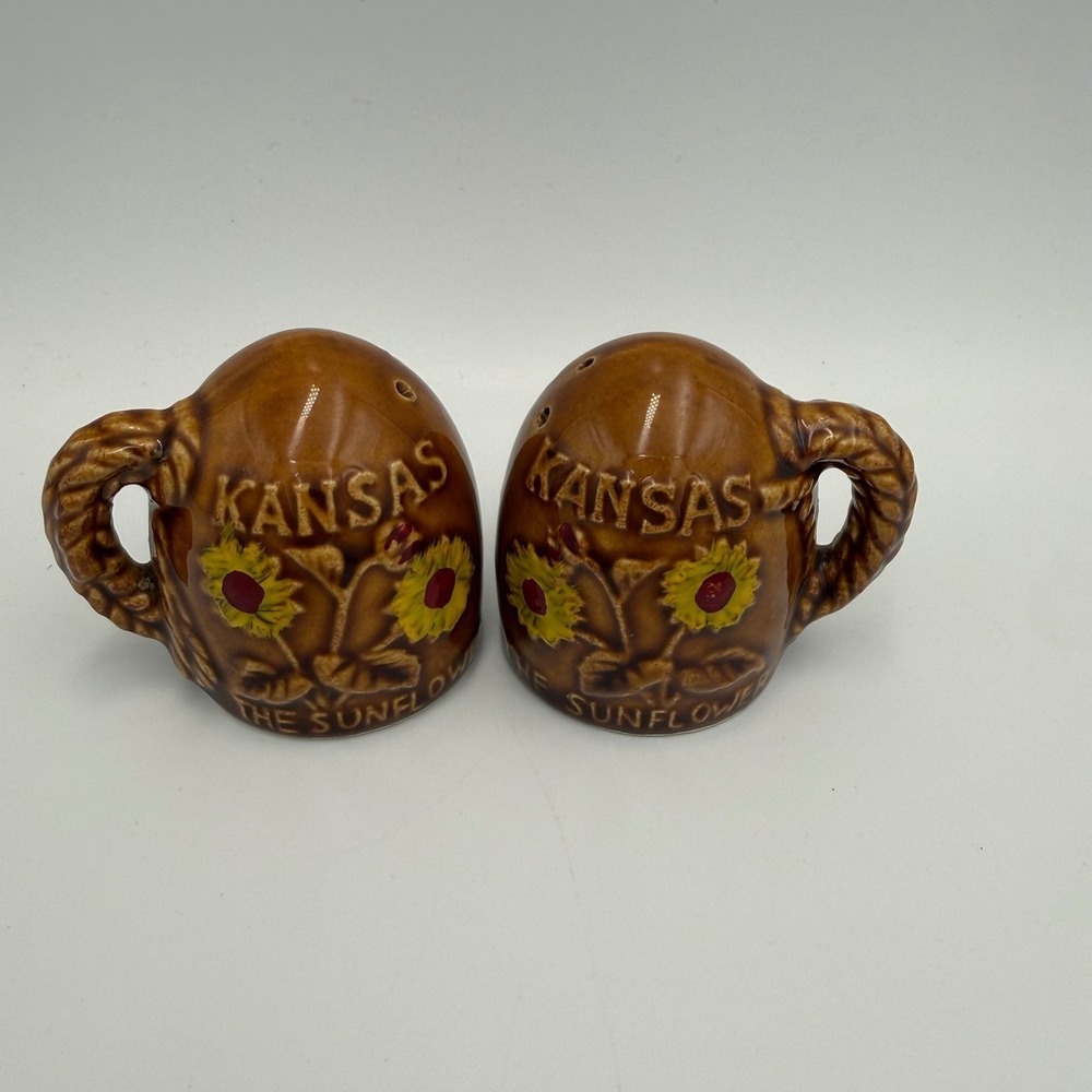 Vintage Kansas The Sunflower State Salt and Pepper Shakers Brown Ceramic Set